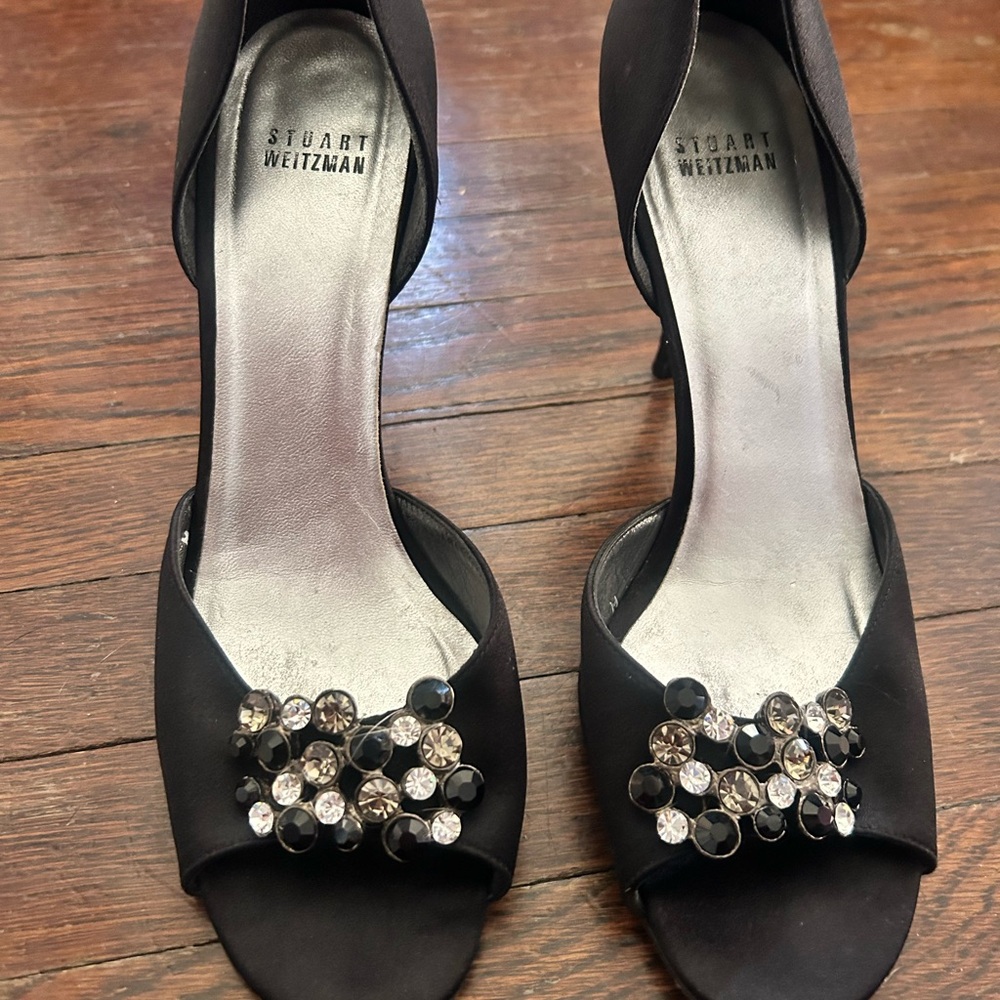 Stuart Weitzman Black Satin Heels with Crystal Embellishments